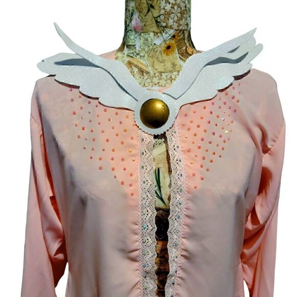 Cosplay Anime Pink Sparkly Jeweled Lace Hankerchief Hem White Wing Collar Robe - Picture 5 of 12
